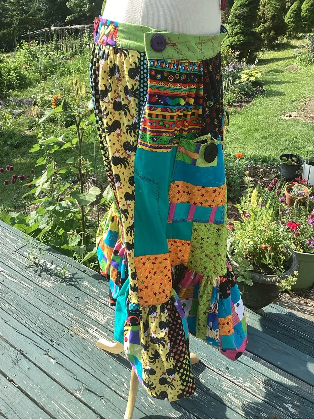 Upcycle Annie patchwork side /front pocket cotton tiered ruffle midi skirt. M-L